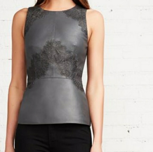 Anthropologie Tops - Bailey/44 Faux Leather Lace Grey Fitted Tank Top